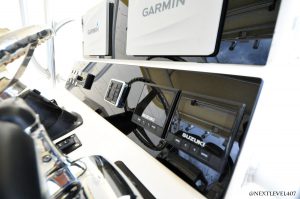 Yellow-Boat-Acrylic-Dash-On-Continental-Trailer-Bright-Close-Up-Cockpit-Helm-And-Dash-With-Garmin-Dual-Moniters