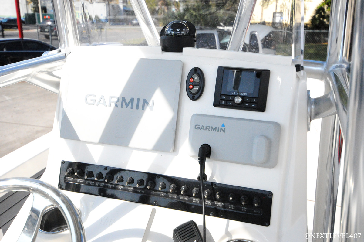 White-Pathfinder-Boat-On-Trailer-Next-Level-Inc-Store-JL-Audio-Speaker-Garmin-Close-Up-Dash-Cockpit