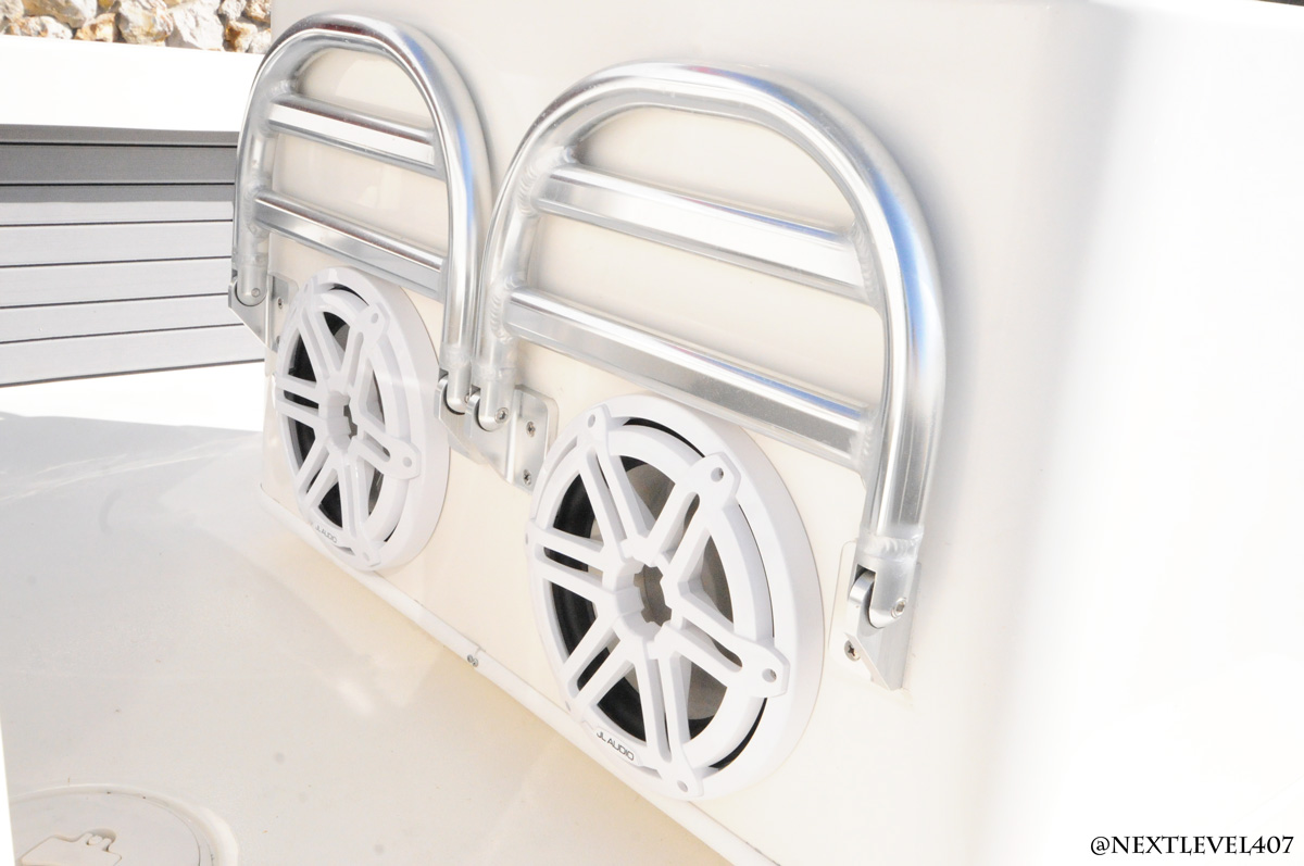 White-Pathfinder-Boat-On-Trailer-Next-Level-Inc-Store-Roof-JL-Audio-Speaker-Close-Up-Dual-Wall-Speaker