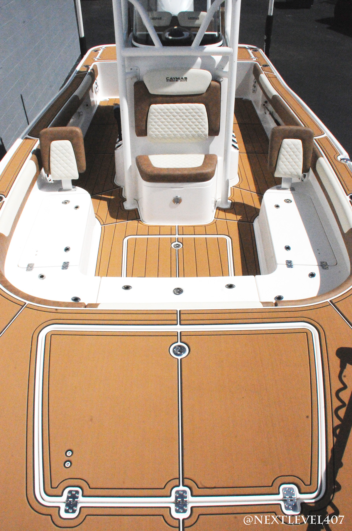 Baby-Blue-Caymas-Boat-On-Trailer-Next-Level-Inc-Debary-Store-Yamaha-Engine-Forward-Top-View-Lounge-SeaDek-Marine-Flooring-Fish-Ruler-Cup-Holders