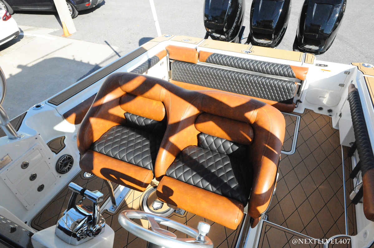 Hydra Sports boat revamp. Custom upholstery leather seats and sidewall cushions.