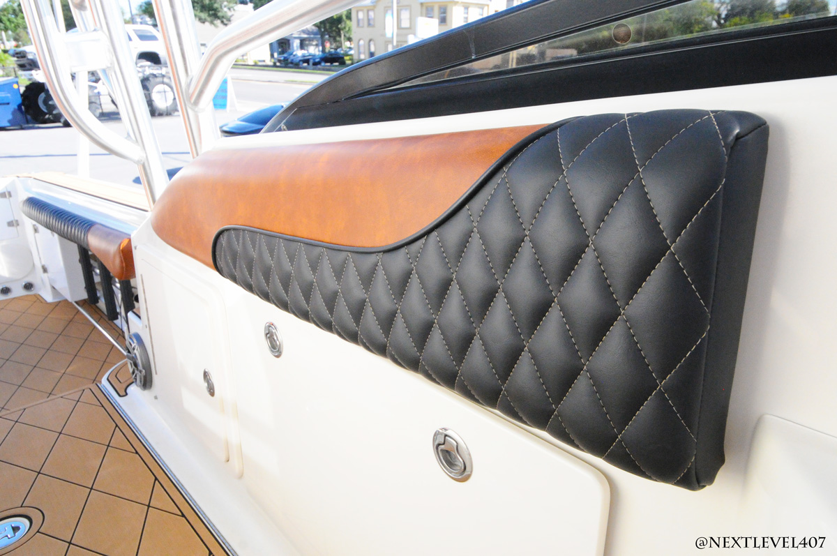Upholstery close up on sidewall. Hydra Sports Boat.
