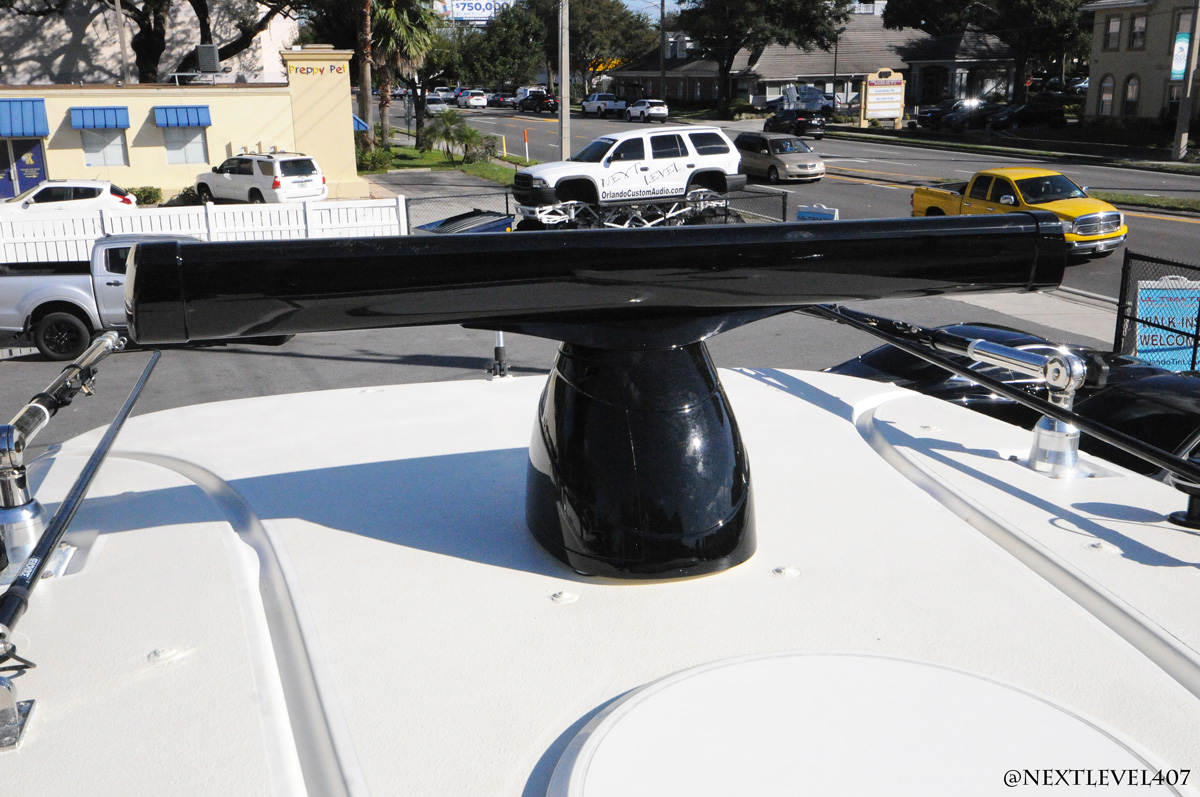 T-Top Gps Radar, mounted and painted onto Hydra sports boat. Fishing boat, boat flooring, boat speakers, boat navigation upgrade orlando, Florida Marine Customs, Orlando Custom Audio, boat navigation