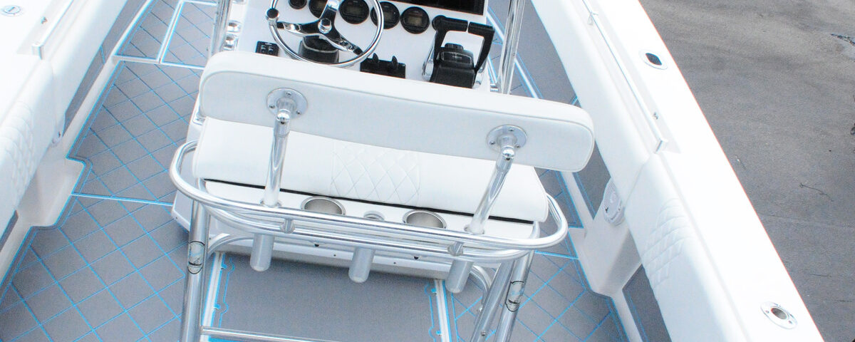 White-Contender-Fishing-Boat-Yamaha-Engines-Custom-SeaDek-Marine-Flooring-Blue-Gray-Pattern-Full-Rear-Profile-On-Trailer-Dual-Yamaha-Engines