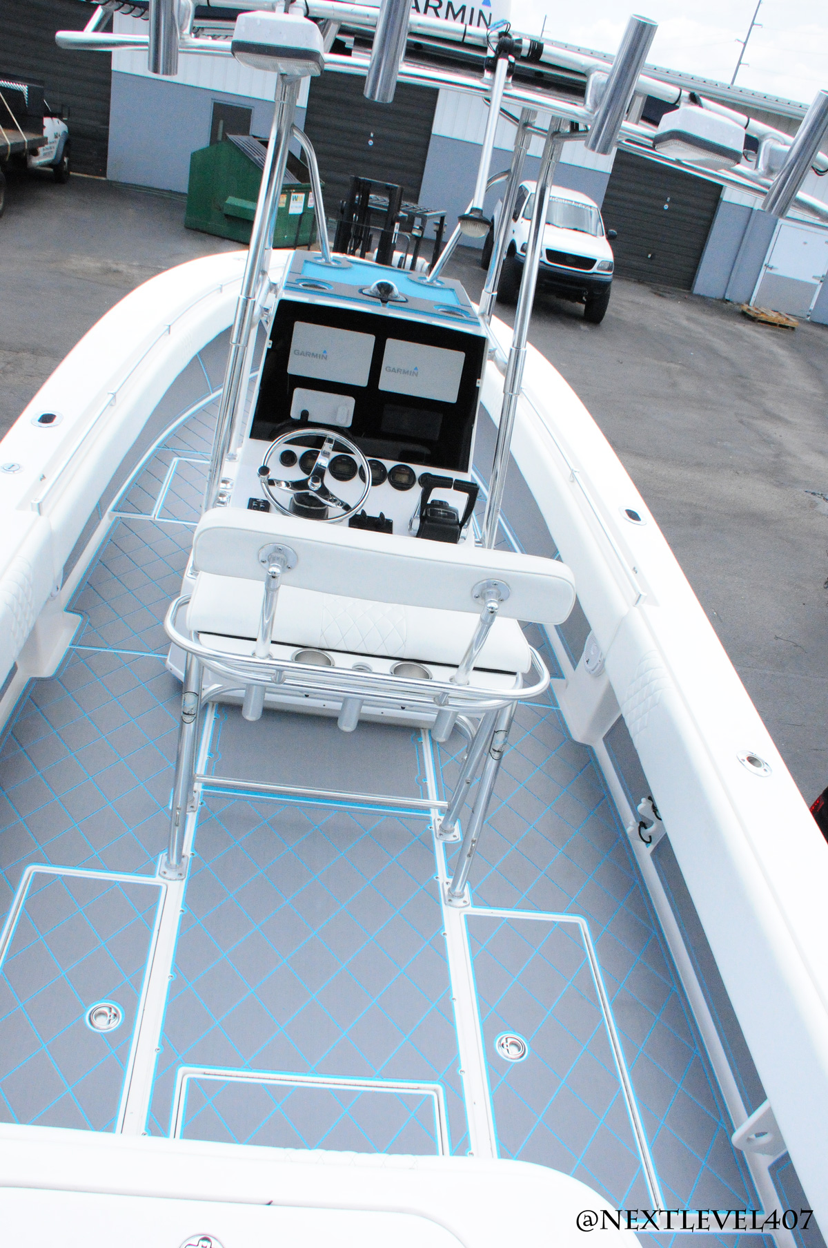 White-Contender-Fishing-Boat-Yamaha-Engines-Custom-SeaDek-Marine-Flooring-Blue-Gray-Pattern-Full-Rear-Profile-On-Trailer-Dual-Yamaha-Engines