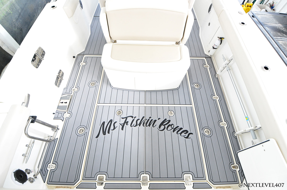 Top-View-Ms.-Fishin-Bones-Logo-Next-Level-SeaDek-Marine-Flooring-White-Center-Console-SeaDek-JL-Audio2 Next Level Florida Marine Customs Ms Fishin Bones Logo SeaDek Flooring Install Orlando